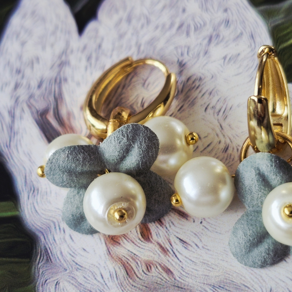 18k Gold Plated Oval Hool Pearl & Leather Flower Drop Earrings 2 In 1 - Picture 4 of 7